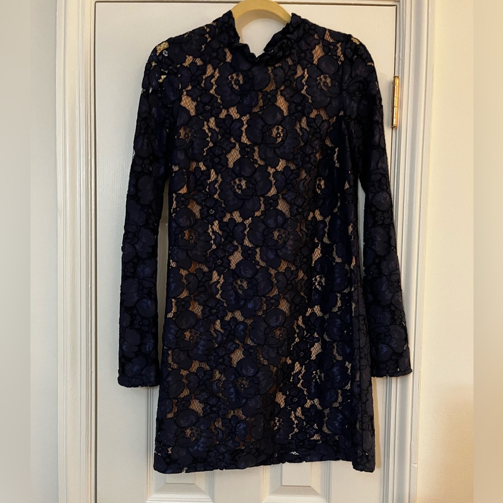 Navy lace mini dress with long sleeves
